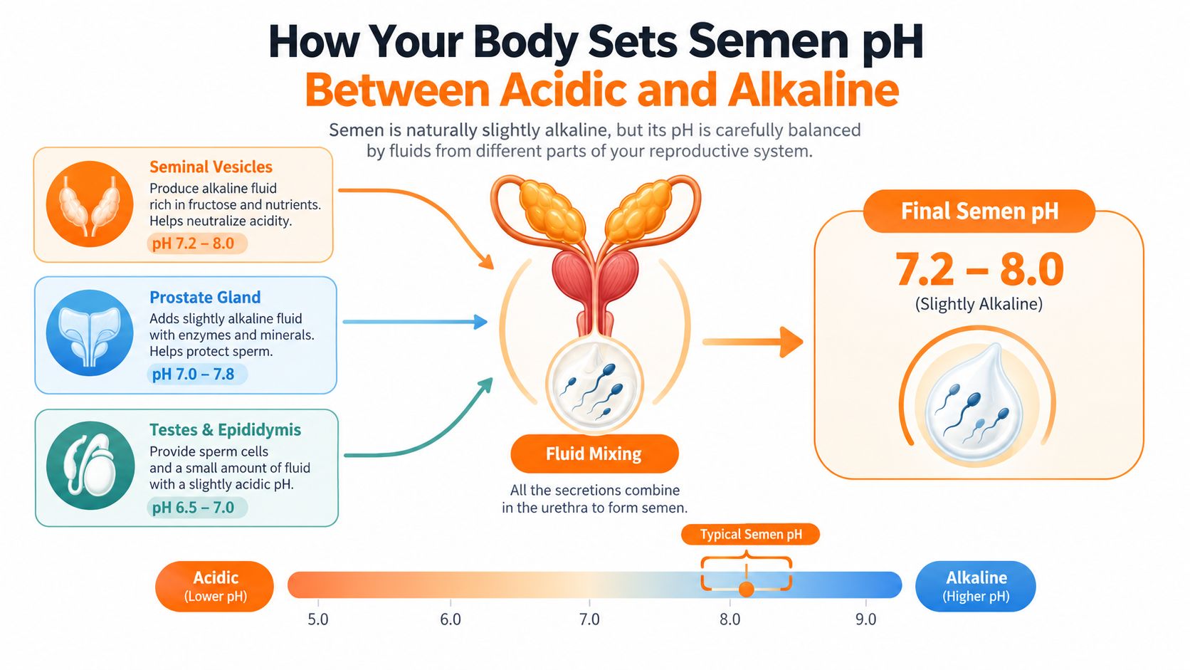 An infographic showing how different male reproductive organs contribute fluids to balance semen pH levels.