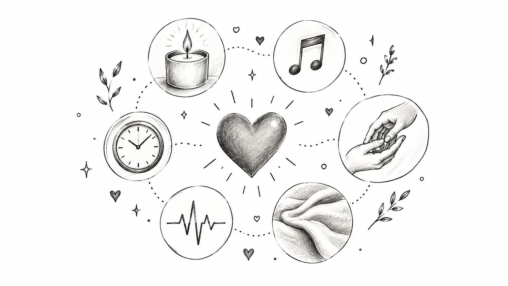 A central heart surrounded by icons representing intimacy, relaxation, connection, and time in a hand-drawn style.