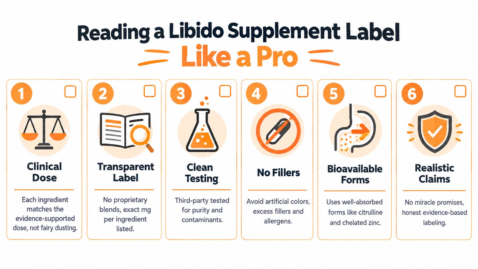 A six-step infographic guide on how to evaluate libido supplement labels for quality and effectiveness.