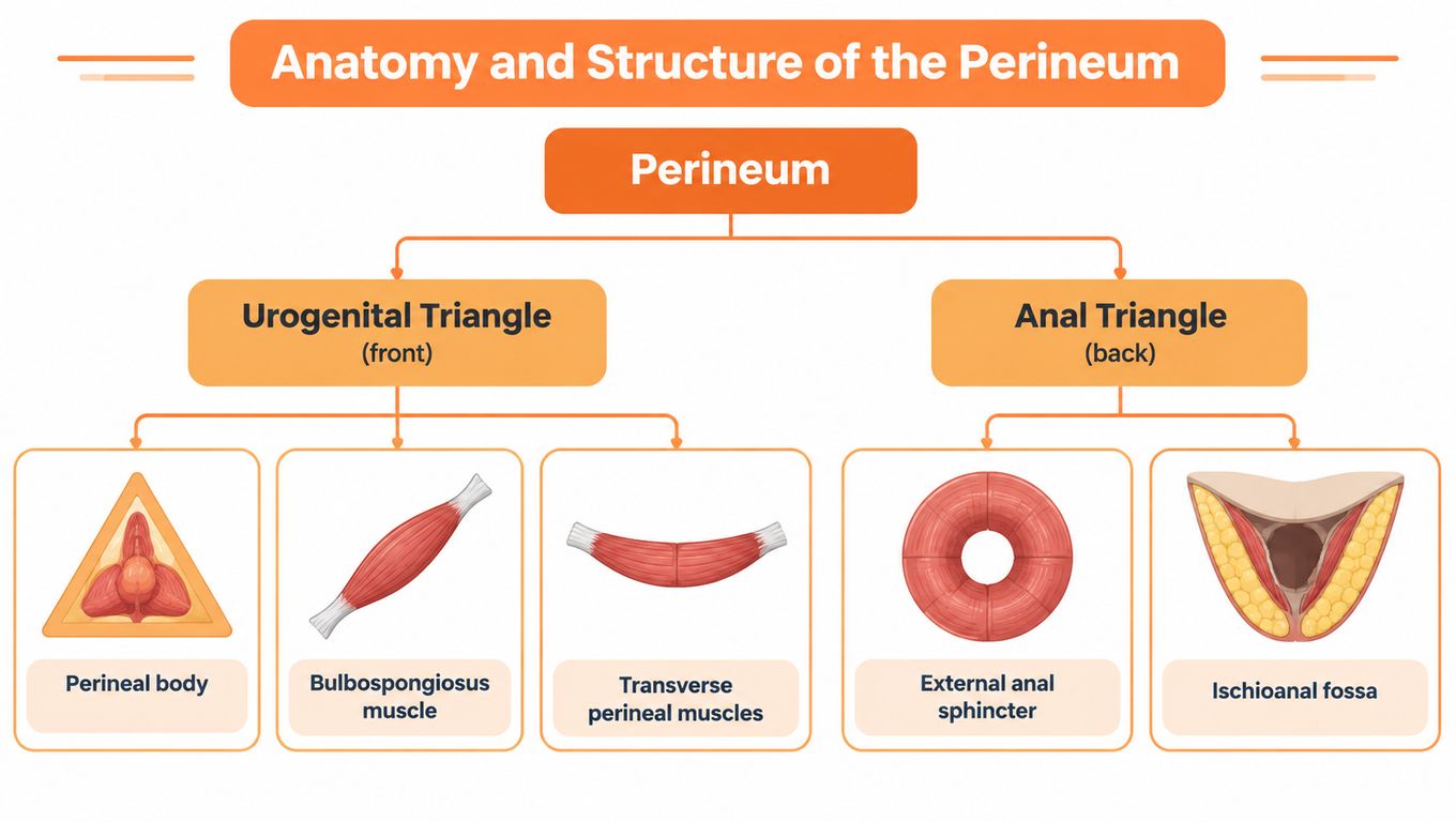 A diagram illustrating the anatomy of the perineum, divided into the urogenital and anal triangles with labels.