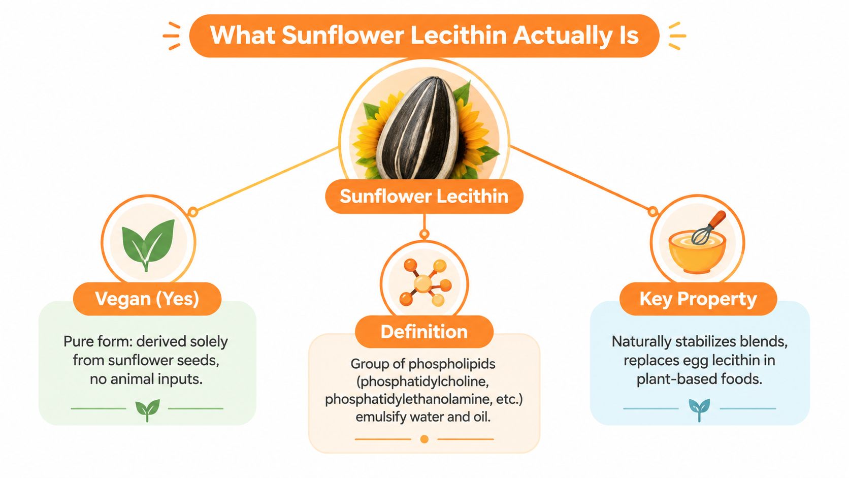 An infographic explaining that sunflower lecithin is a vegan, phospholipid-based emulsifier derived from sunflower seeds.