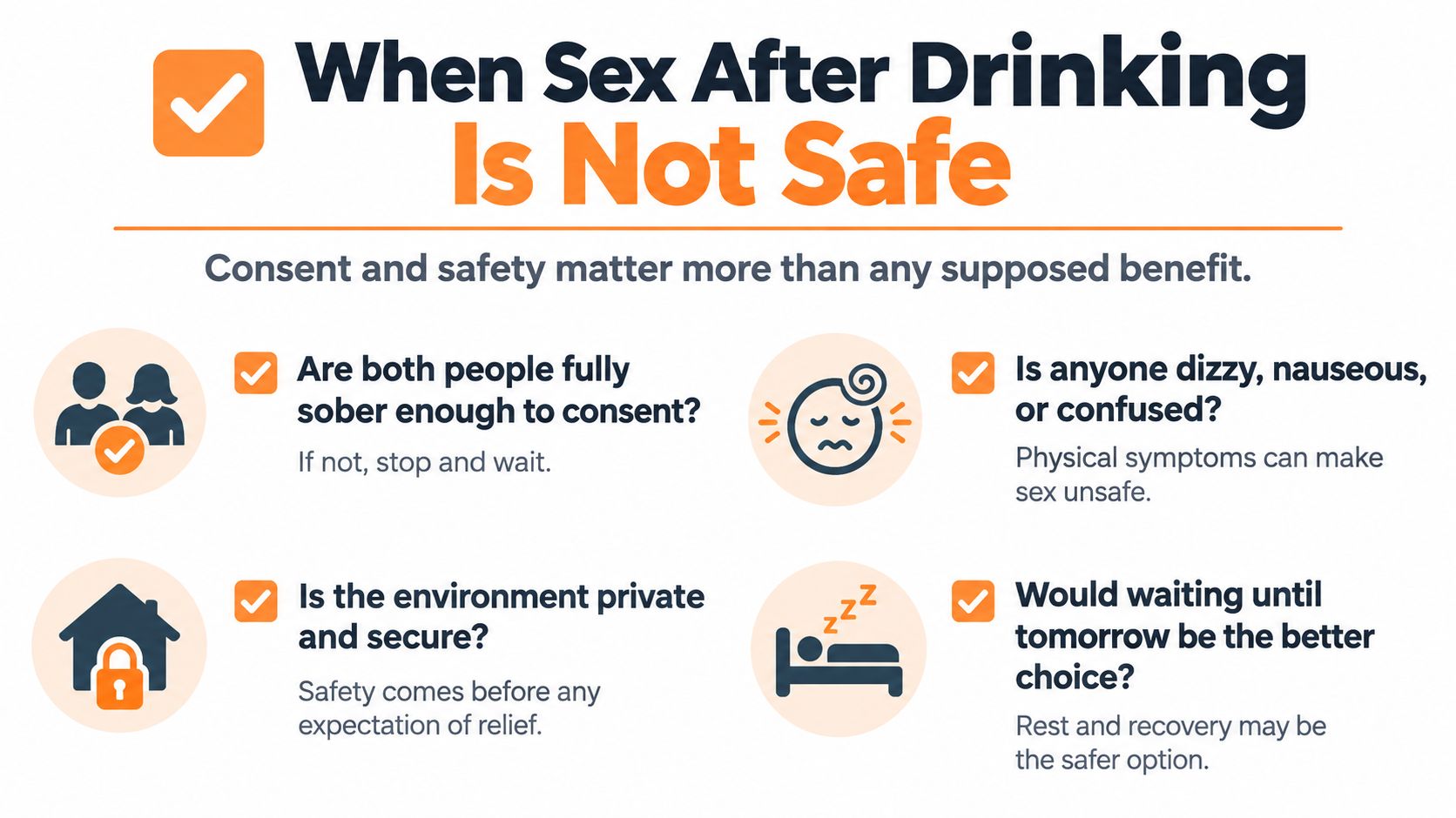 An infographic checklist for evaluating whether sexual activity is safe and consensual after consuming alcohol.