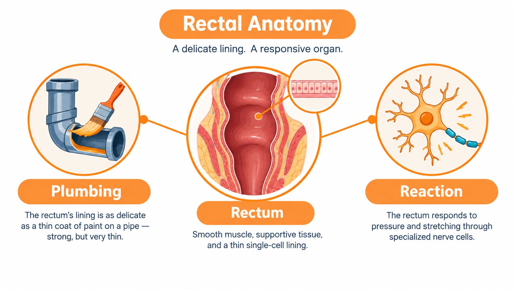 An educational infographic illustrating the delicate rectal anatomy, including its thin lining, muscular structure, and neural responses.