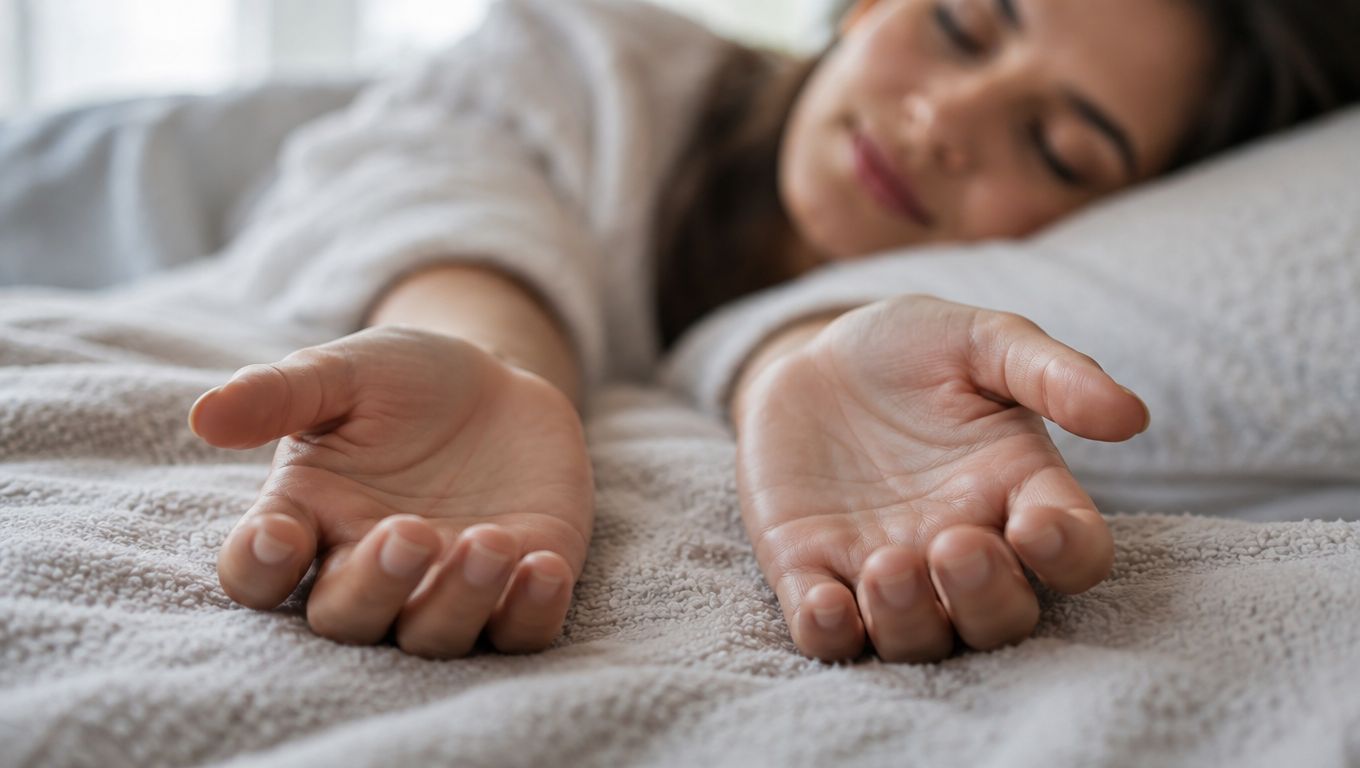 A relaxed woman sleeping in a comfortable bed with her arms outstretched, showing her open palms.