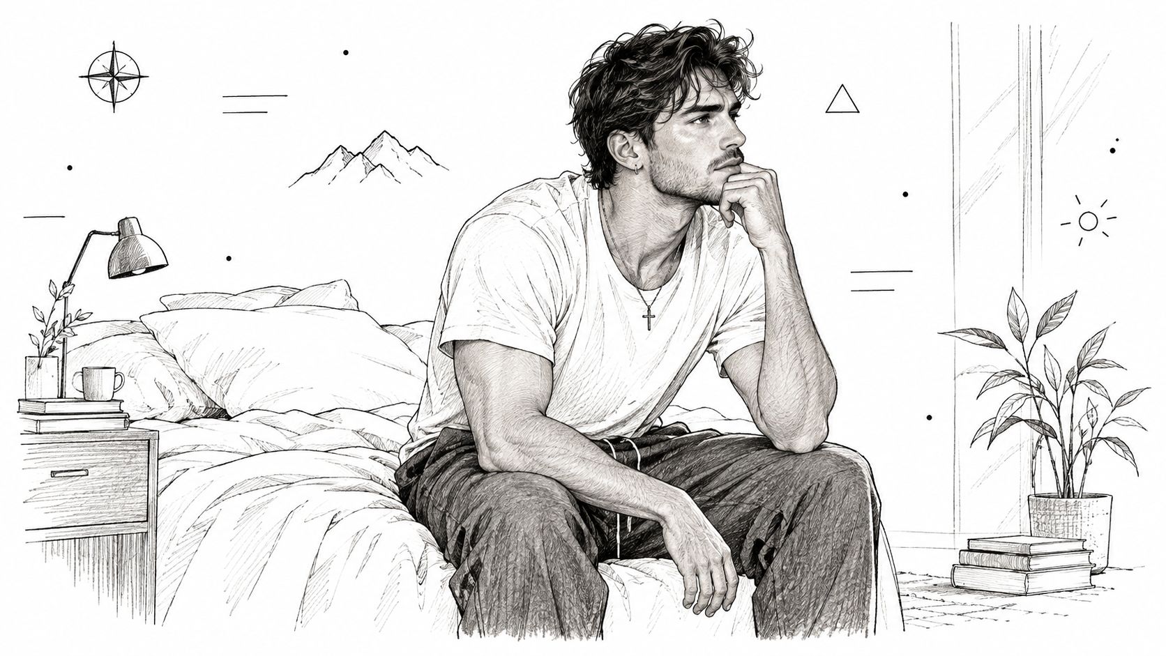 A pencil sketch of a thoughtful man sitting on the edge of his bed looking away.