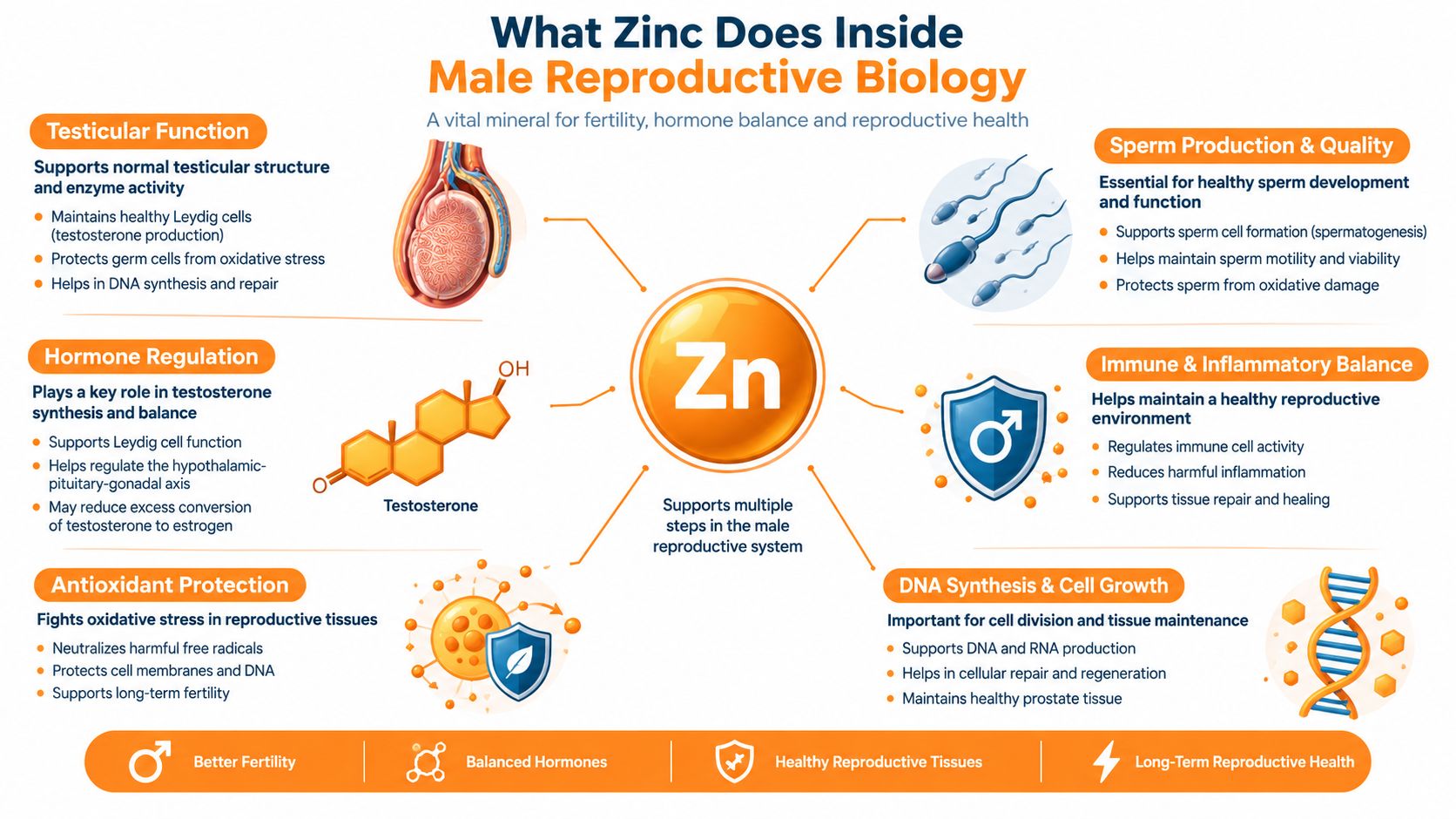 An infographic illustrating how zinc supports male reproductive health, sperm production, hormone balance, and testicular function.