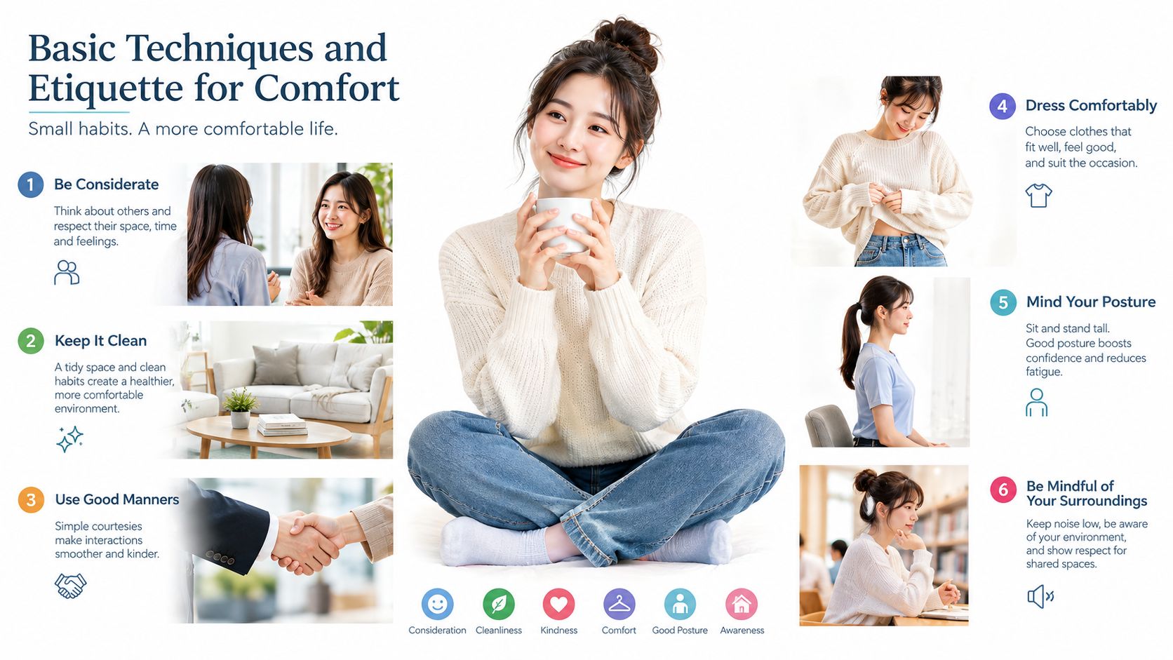 A helpful infographic illustrating six basic tips for improving daily comfort, etiquette, and personal wellbeing in life.