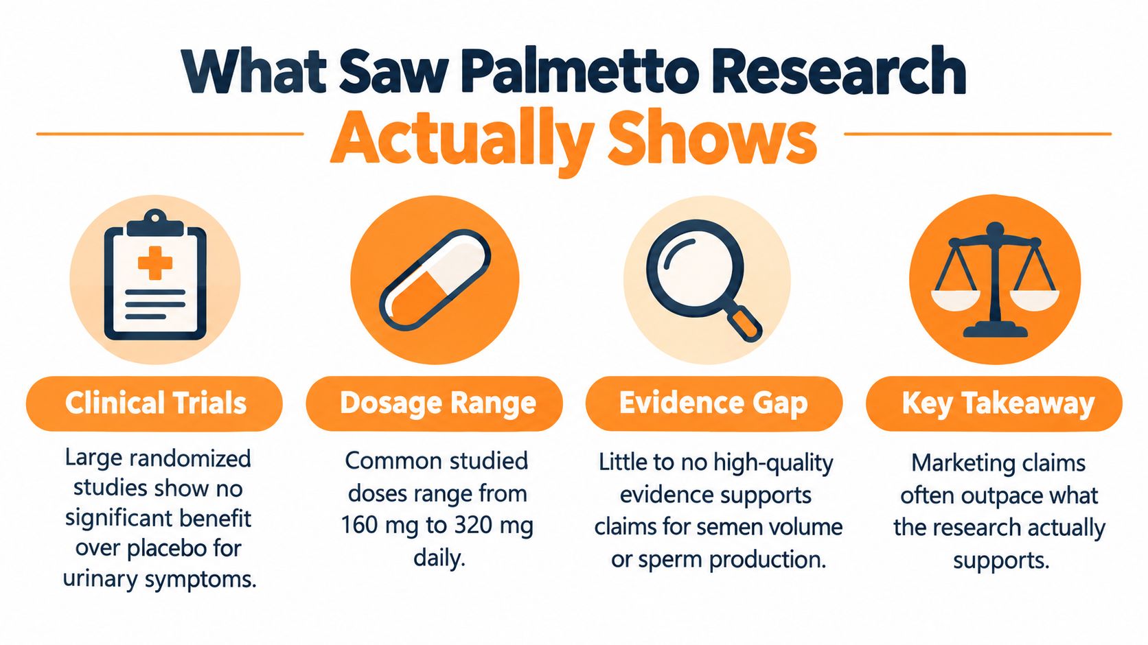 An infographic summarizing research findings on Saw Palmetto, highlighting clinical trials, dosage, evidence gaps, and marketing claims.