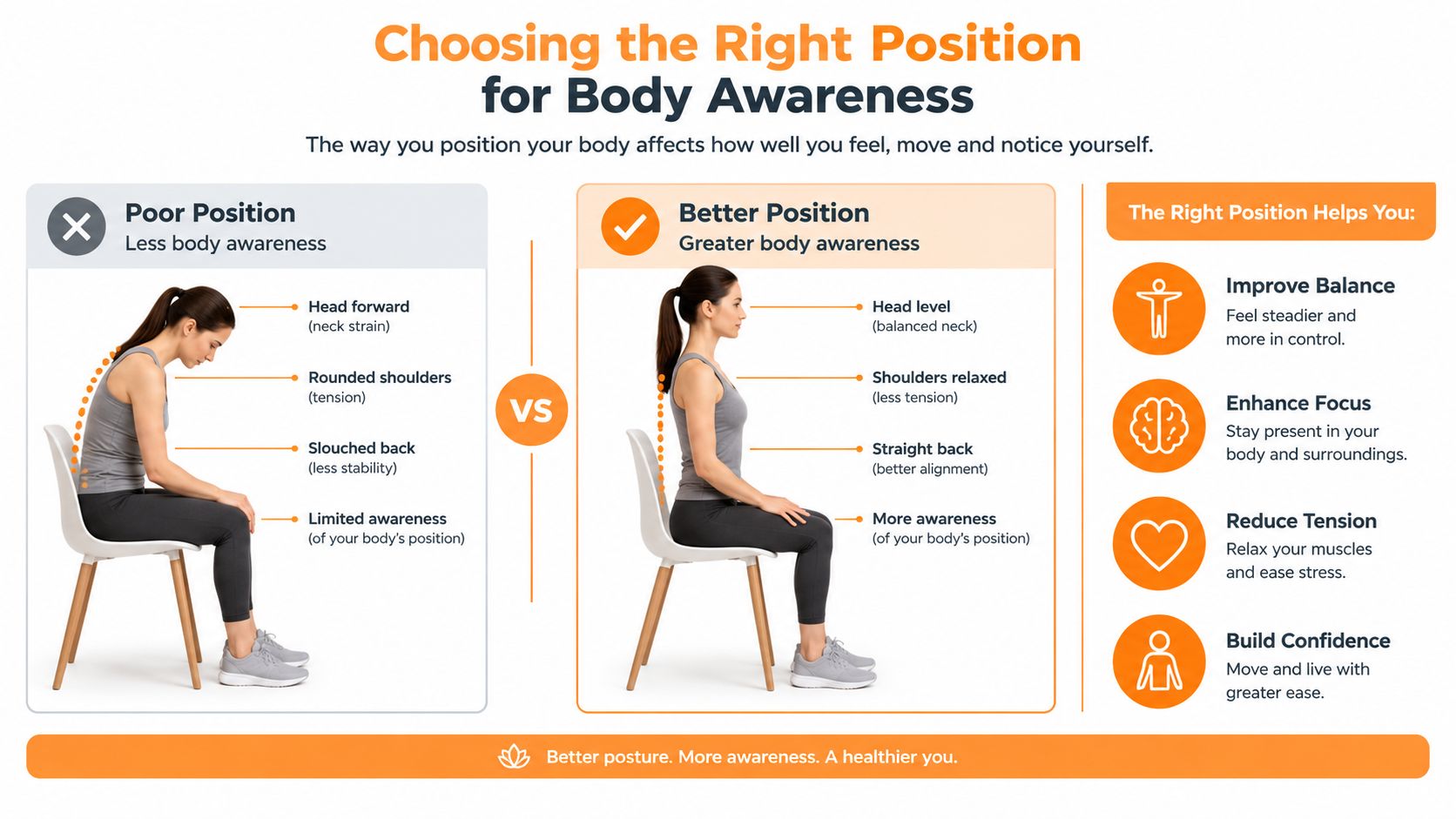A comparison showing the differences between poor, slouched posture and better, upright posture while seated in a chair.