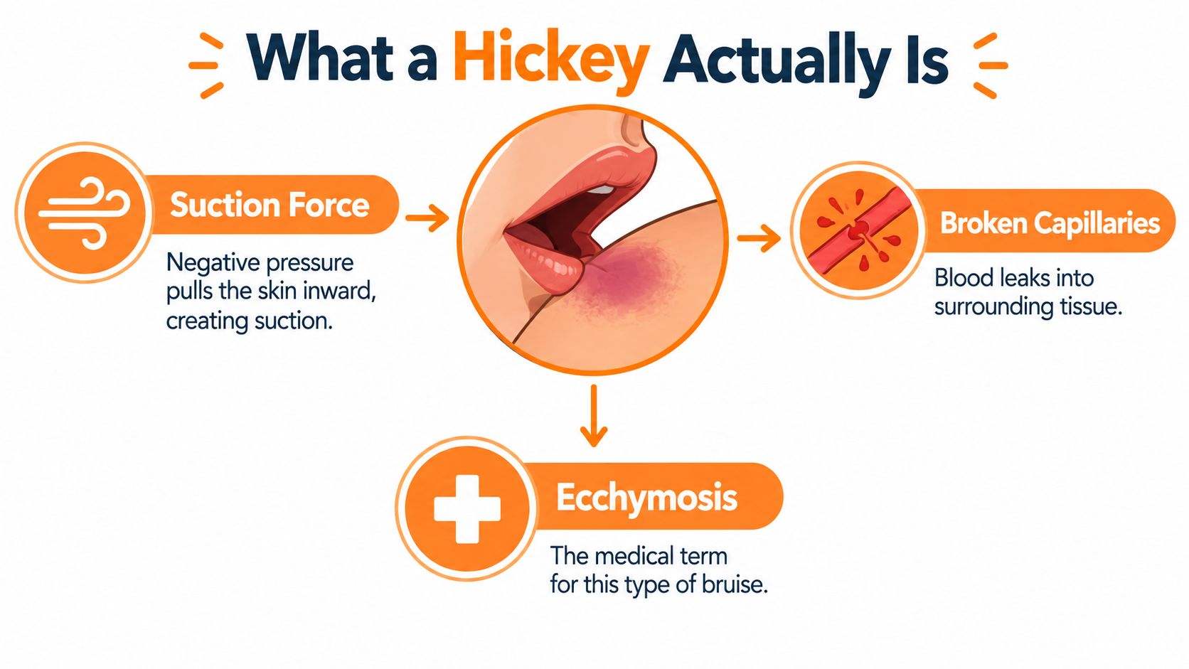 An infographic explaining that a hickey is caused by suction, broken capillaries, and results in medical ecchymosis.