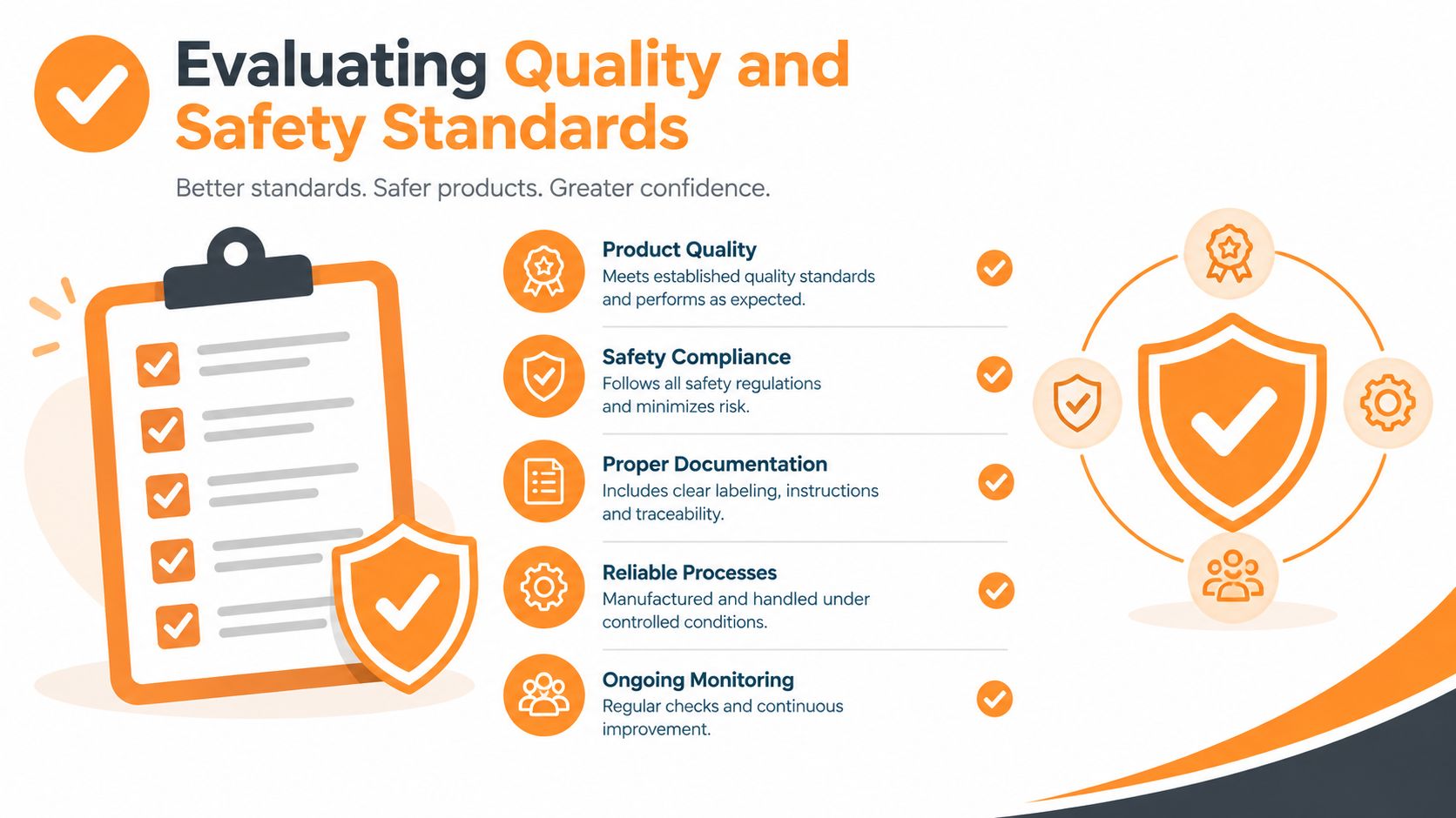 An infographic detailing five key criteria for evaluating product quality and safety standards for consumer goods.