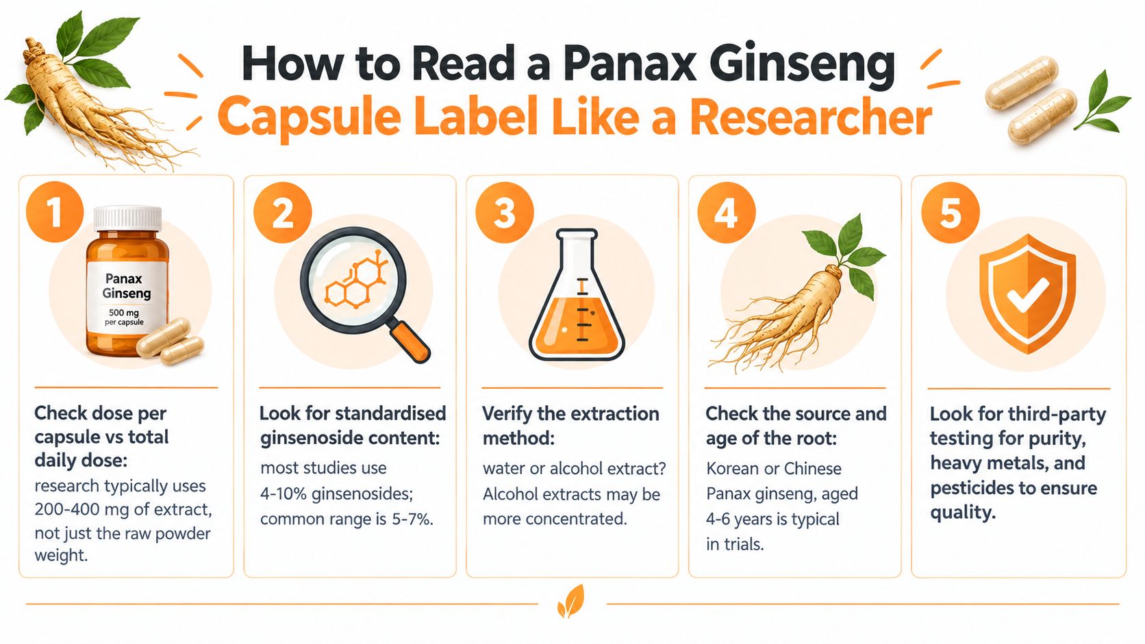 A five-step infographic guide on how to read and evaluate Panax Ginseng capsule supplement labels.