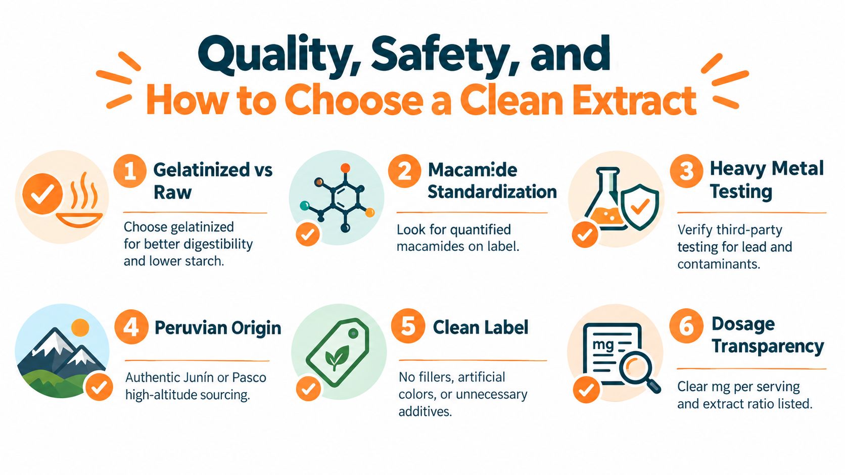 An infographic detailing six essential steps to evaluate the quality and safety of maca root extracts.