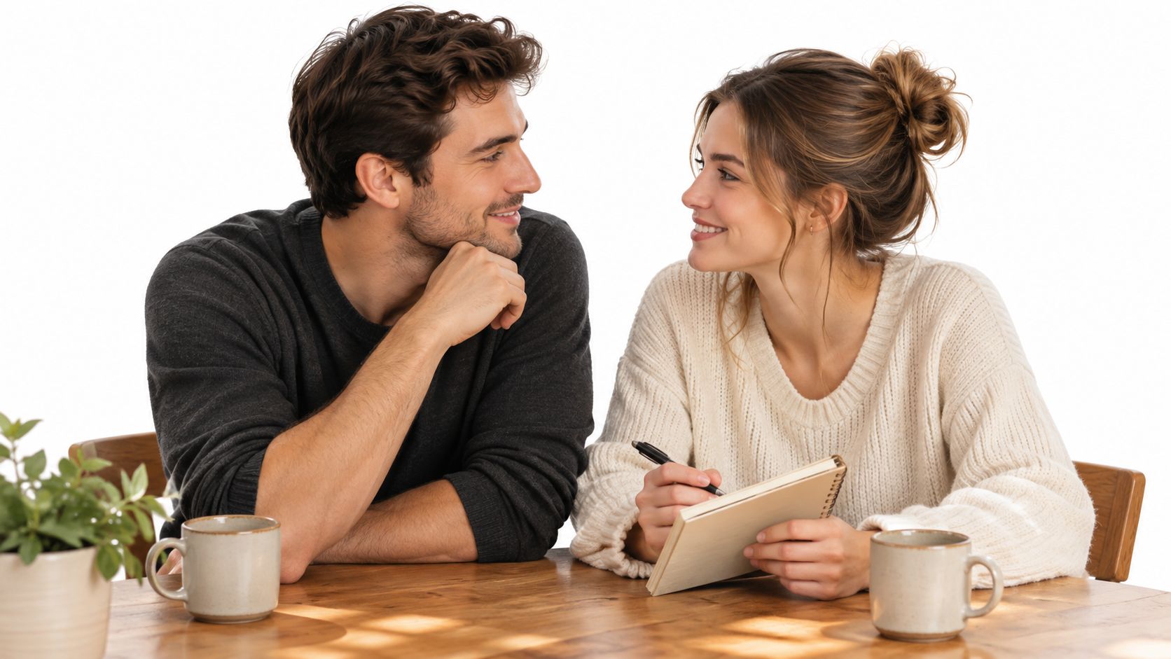 A young couple smiling at each other while sitting at a wooden table with coffee mugs.
