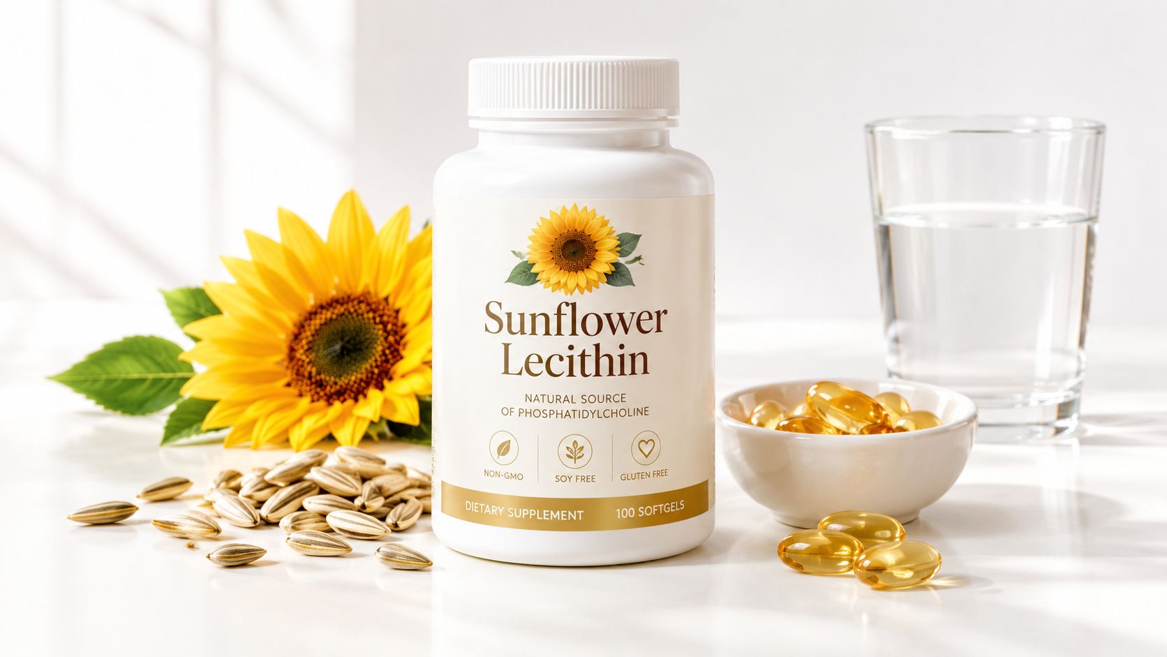 A bottle of sunflower lecithin dietary supplement next to a fresh sunflower, seeds, and a glass of water.