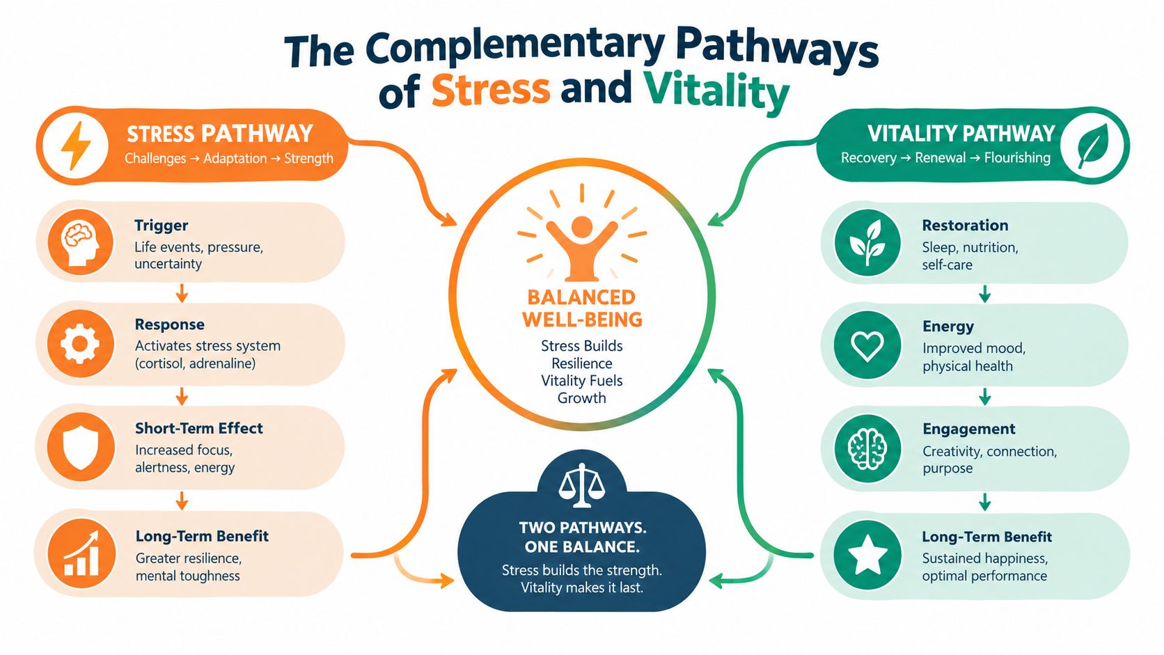 A diagram illustrating the complementary relationship between stress and vitality pathways for maintaining balanced well-being.