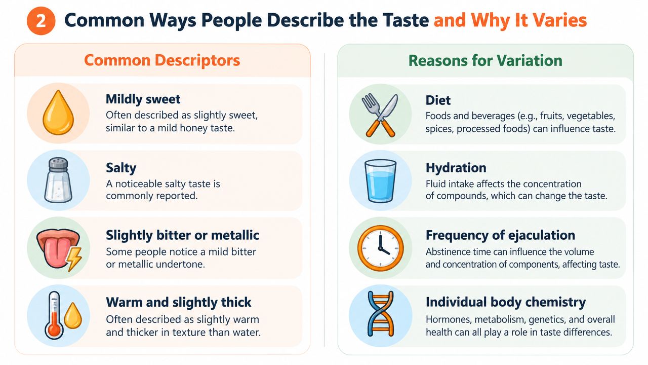 An infographic showing common ways to describe the taste of semen and reasons for its variation.