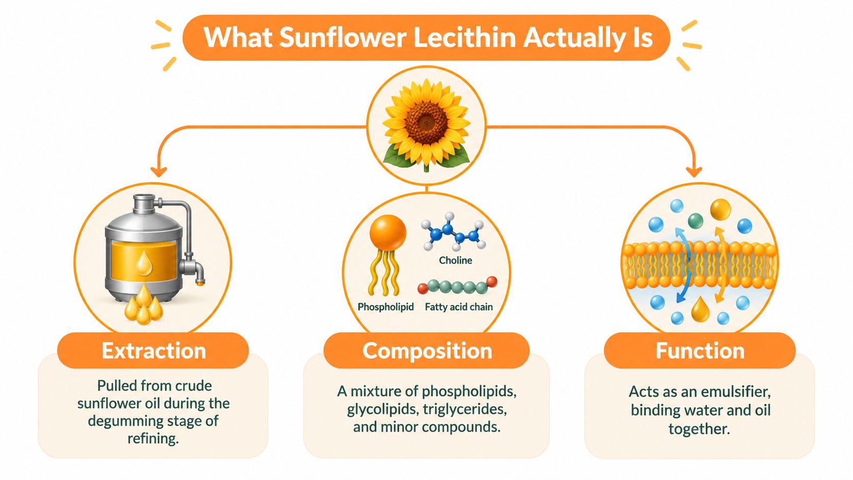 A diagram explaining the extraction, composition, and emulsifying function of sunflower lecithin derived from sunflower seeds.