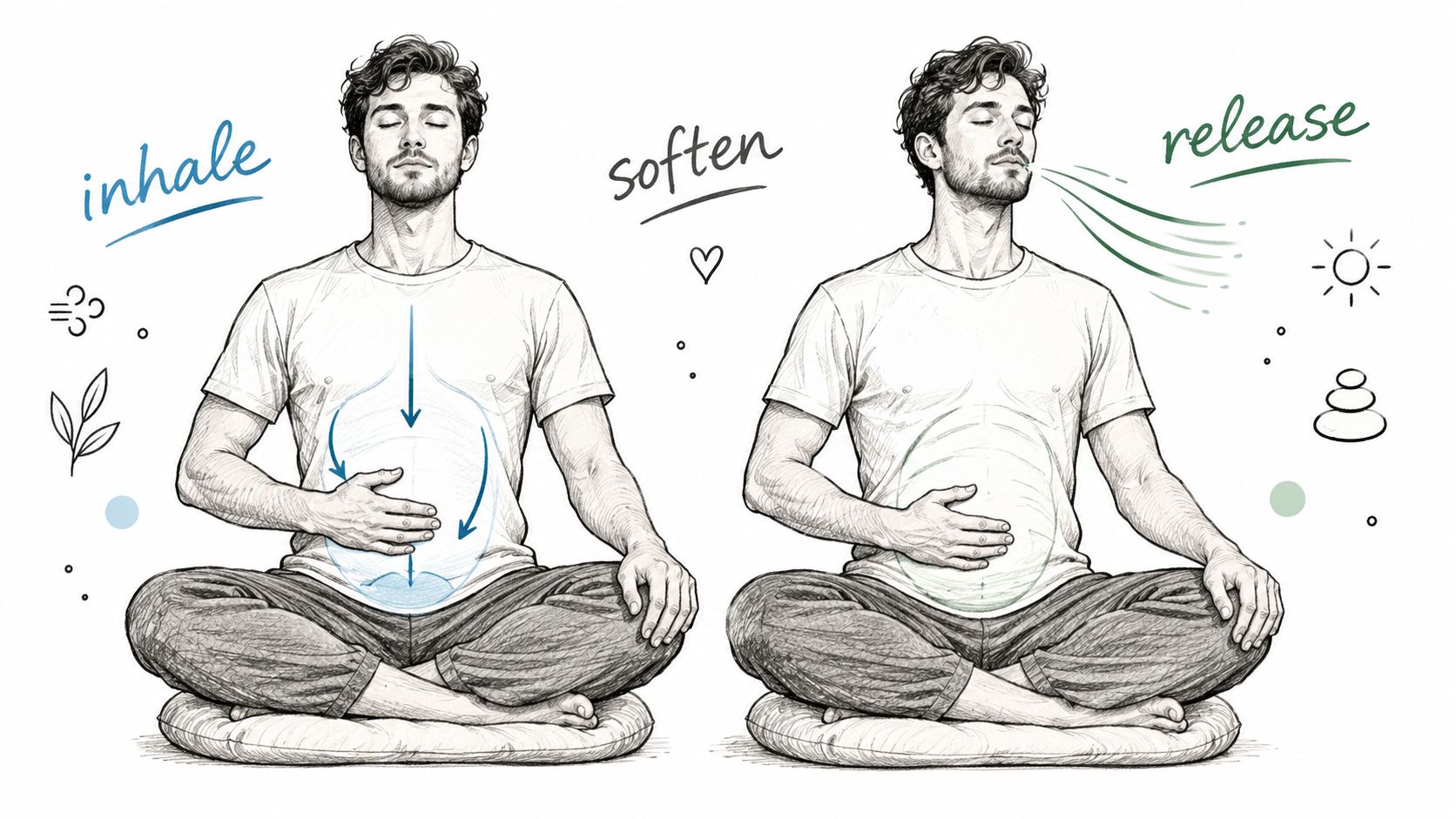 A line-art illustration showing a man practicing deep breathing techniques while sitting in a meditative posture.