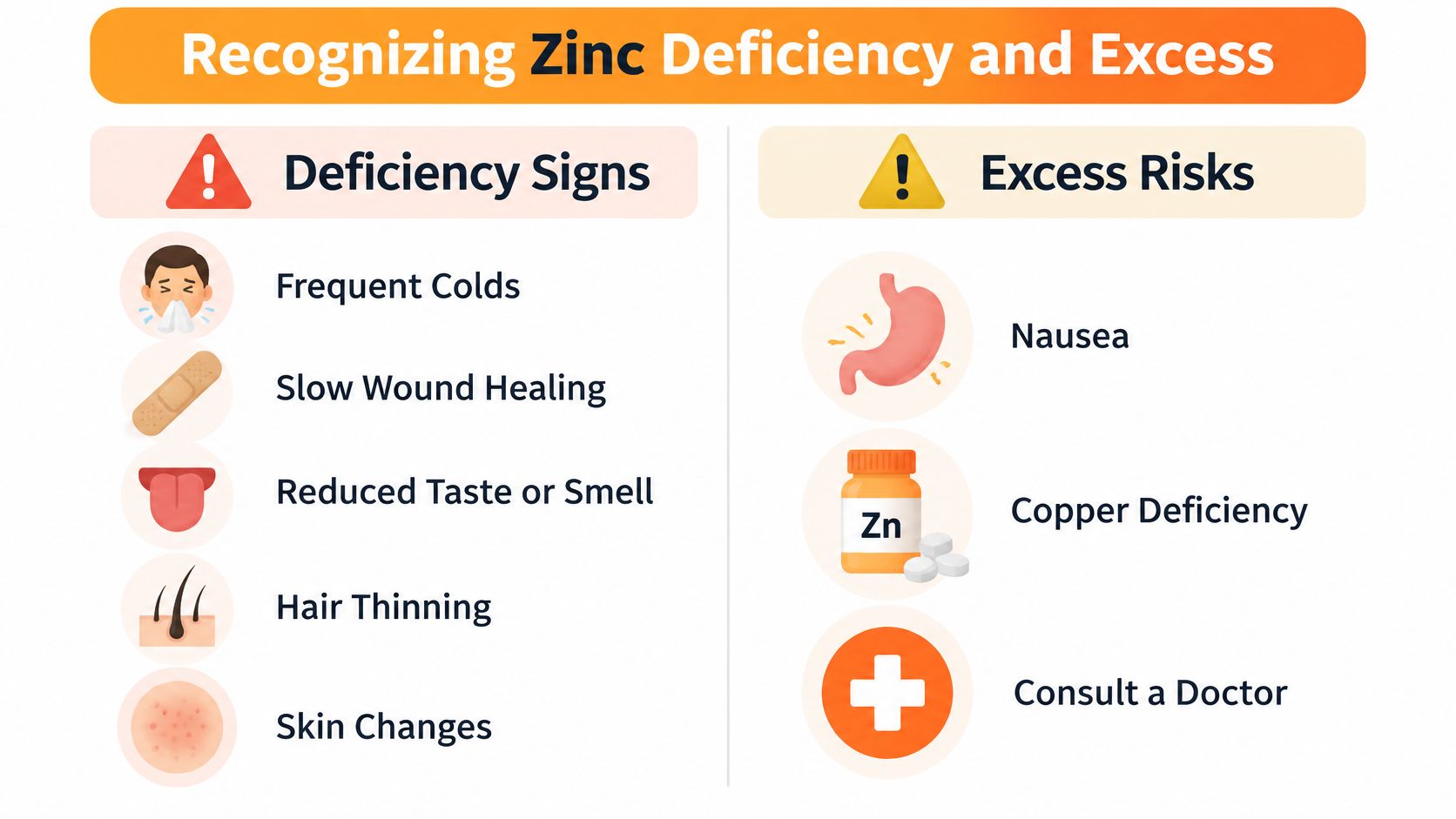 An infographic titled Recognizing Zinc Deficiency and Excess detailing common symptoms of low zinc and risks of high zinc.