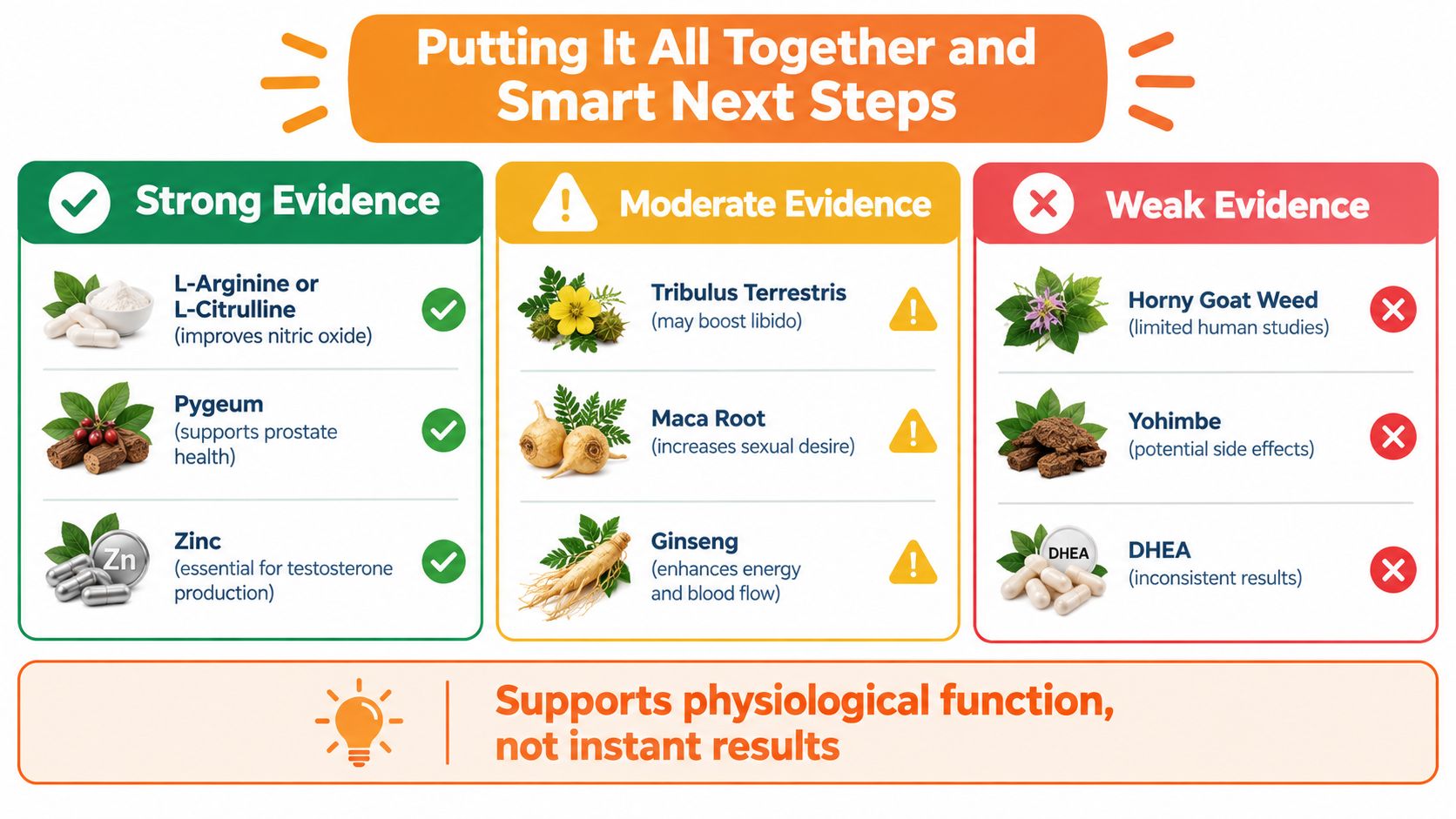 A chart categorizing natural supplements for male enhancement by evidence strength: strong, moderate, or weak.