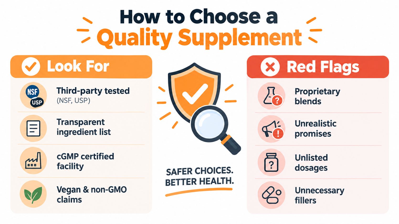 An infographic titled How to Choose a Quality Supplement showing factors to look for and red flags.