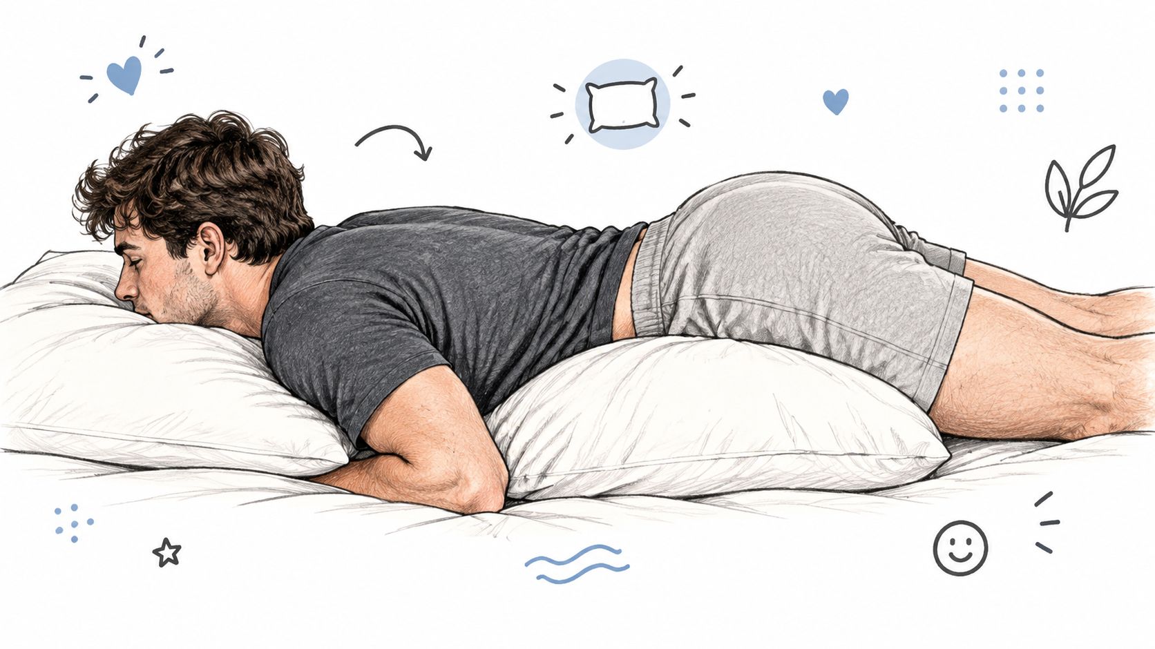 A sketched illustration of a man sleeping comfortably on his stomach with pillows supporting his body.