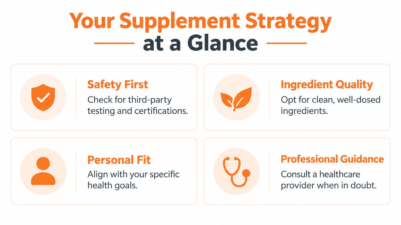 A four-point infographic highlighting key tips for choosing supplements, including safety, ingredient quality, personal fit, and professional guidance.