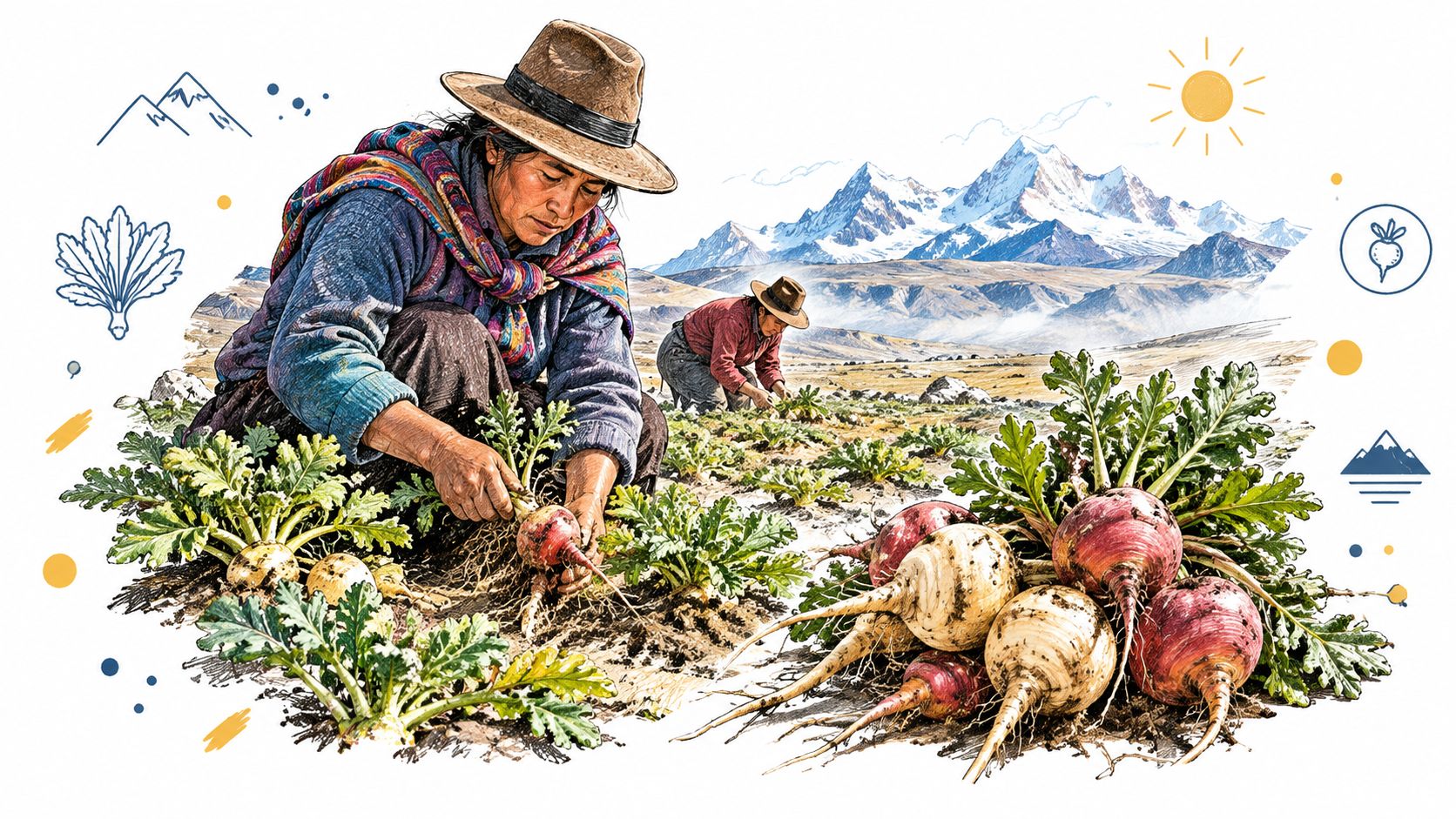 Indigenous farmers harvesting organic maca roots in the Andean mountains under the bright sun.