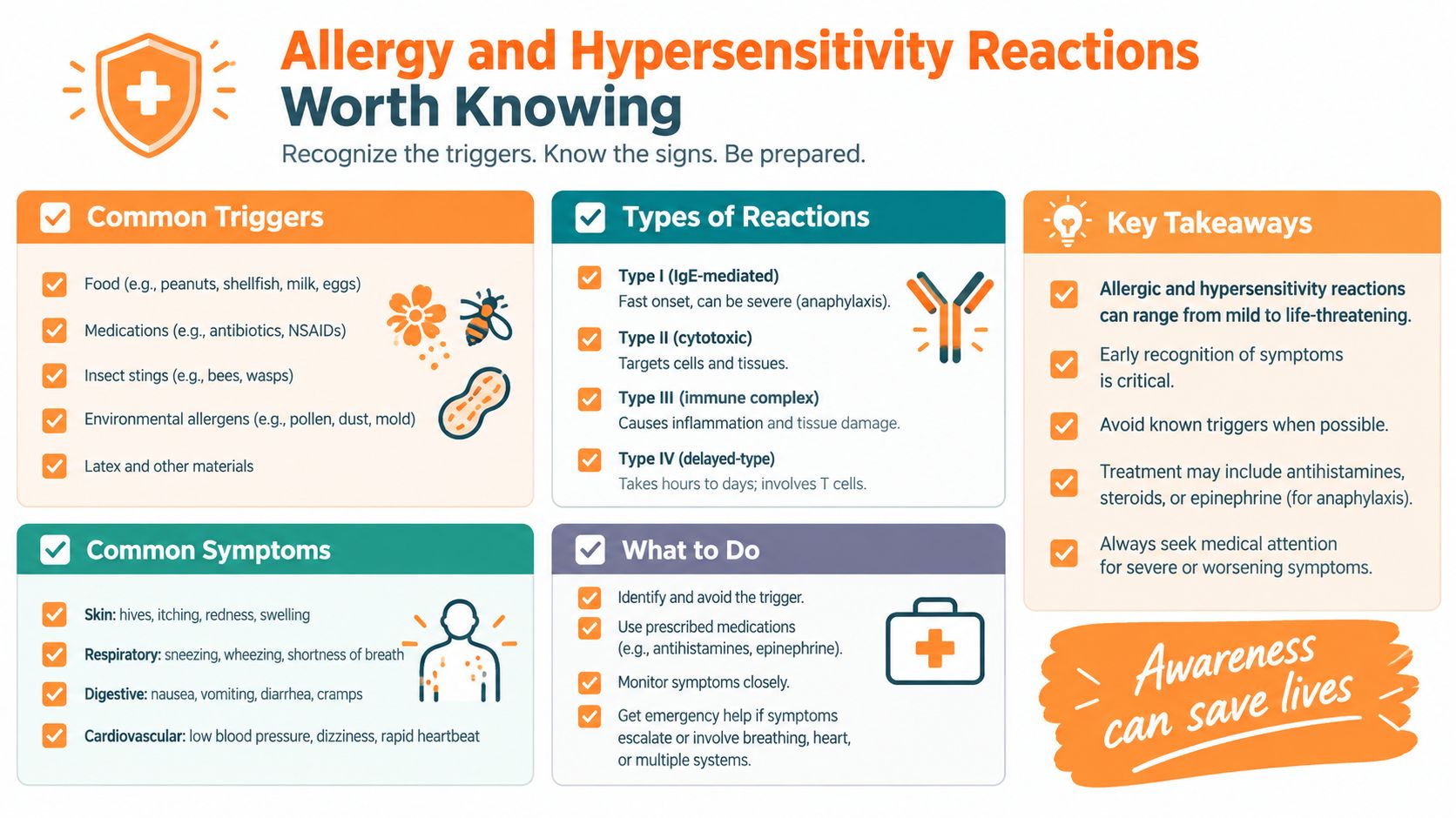 An educational infographic outlining common allergy triggers, types of hypersensitivity reactions, symptoms, and emergency medical response advice.