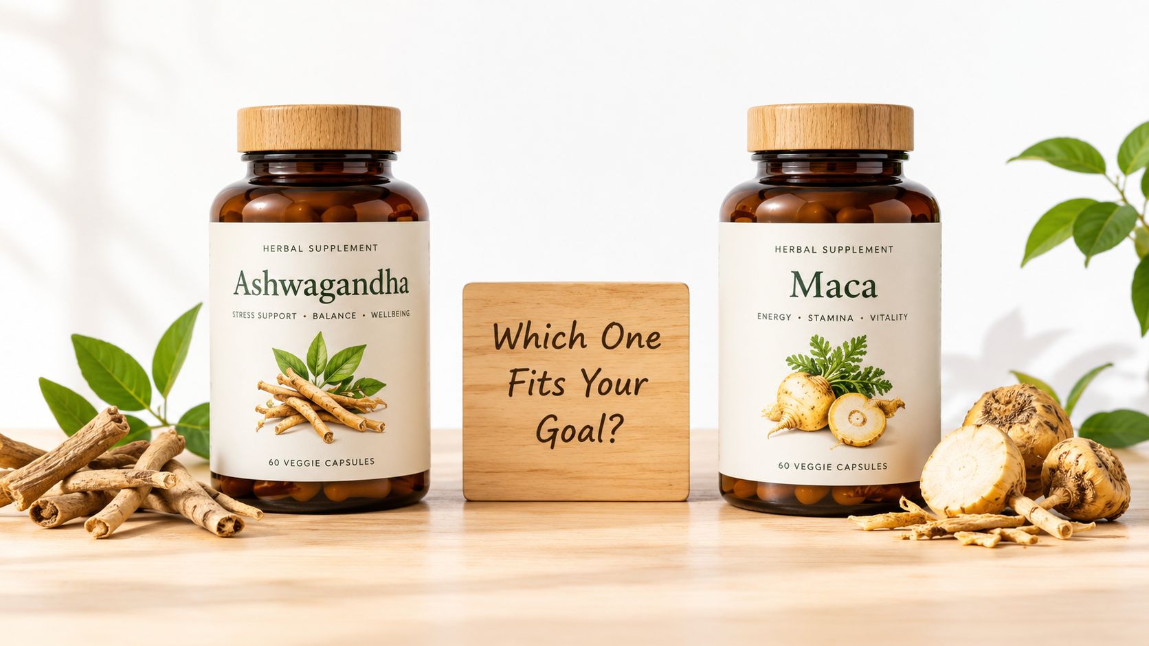 Two amber glass supplement bottles labeled Ashwagandha and Maca displayed on a wooden surface with herbal roots.