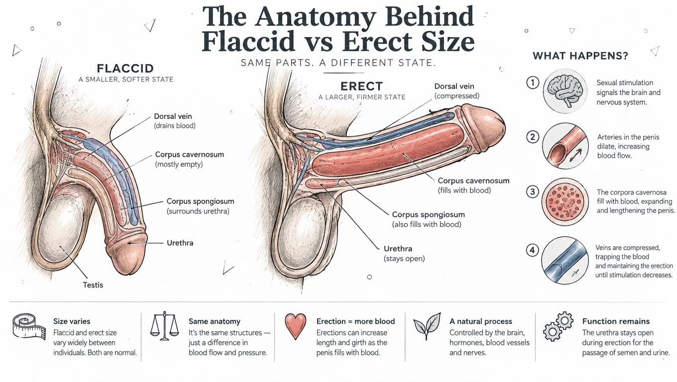 An anatomical illustration comparing the internal structure of a flaccid versus an erect penis.