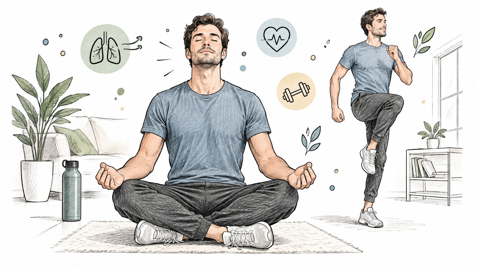 A digital illustration showing a man practicing meditation and light exercise for health and wellness.