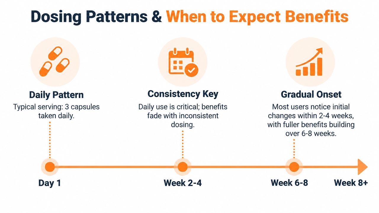 An infographic showing the dosing schedule for a natural male supplement and expected timeline for results.