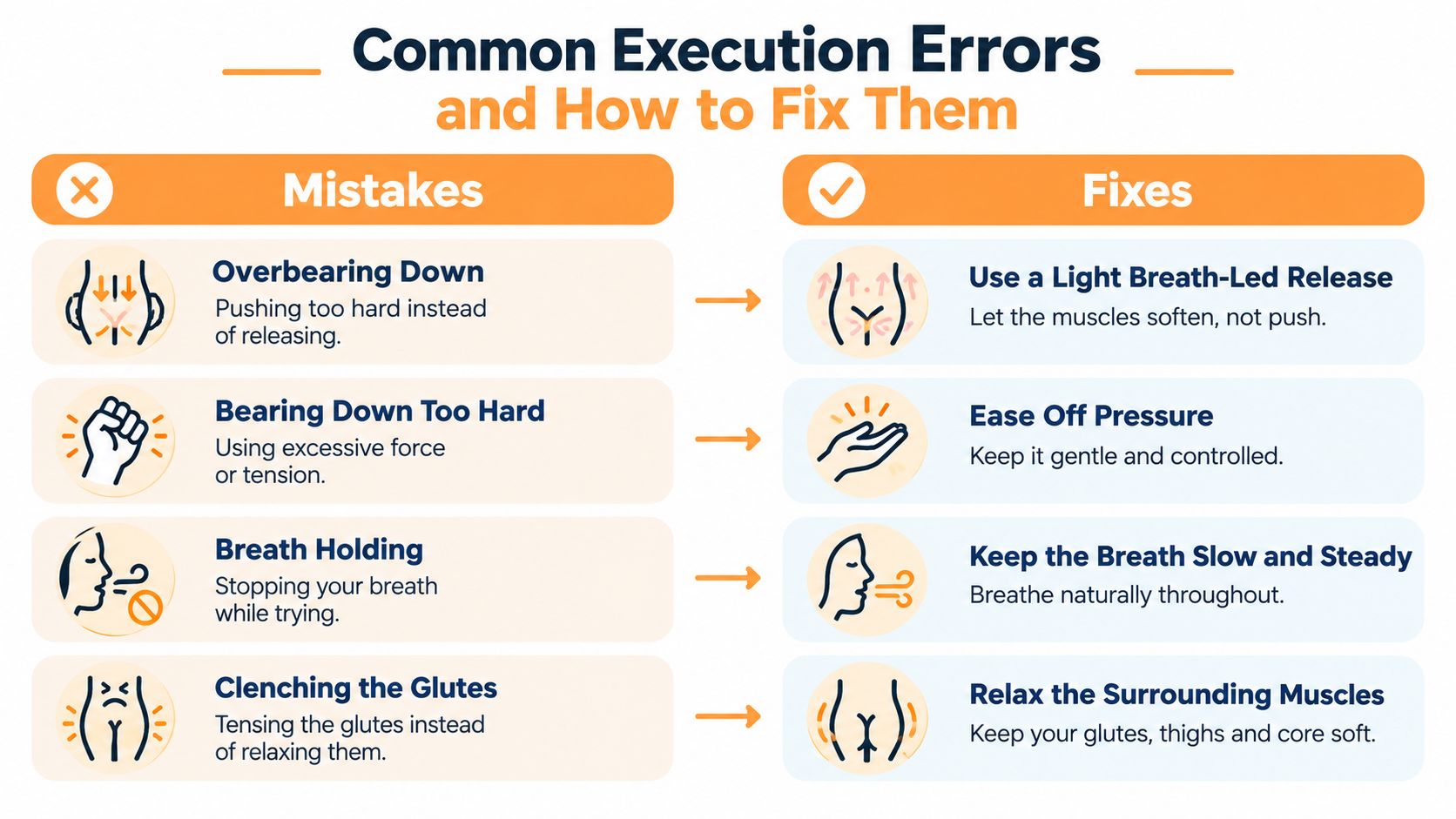 A chart illustrating common mistakes and recommended fixes for pelvic floor exercises, including breathing and relaxation tips.