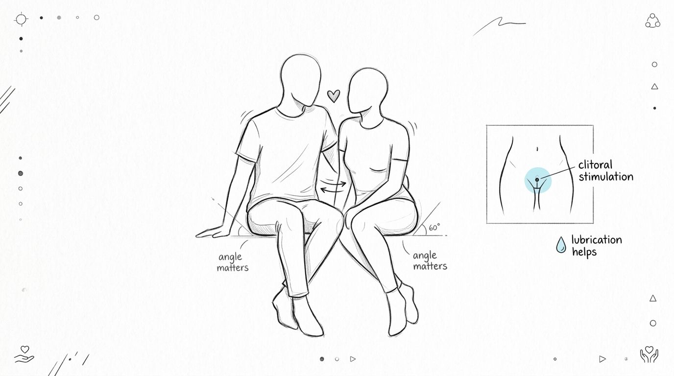 An educational illustration showing a couple in a seated sexual position emphasizing angles and clitoral stimulation.