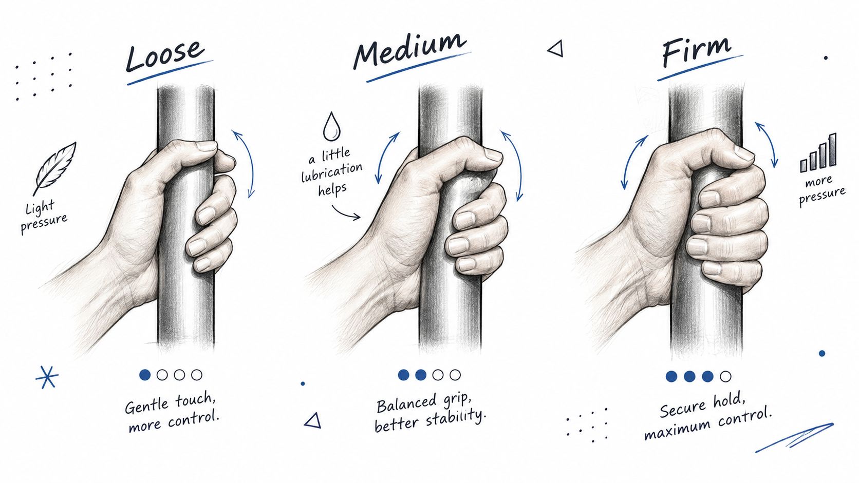 An instructional graphic showing three different hand grip techniques labeled as loose, medium, and firm pressure.