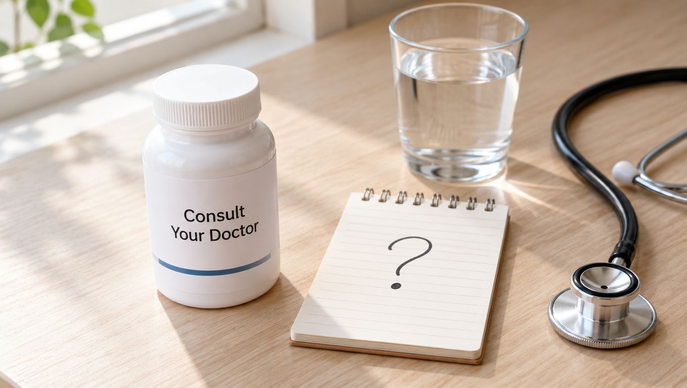 A pill bottle labeled Consult Your Doctor, a glass of water, and a stethoscope on a wooden table.