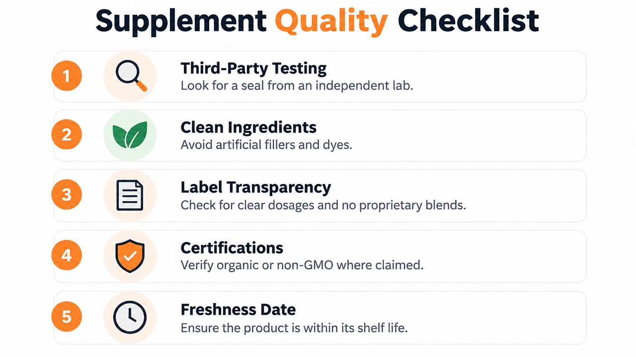 A five-point quality checklist for supplements, outlining key criteria like testing, clean ingredients, and label transparency.
