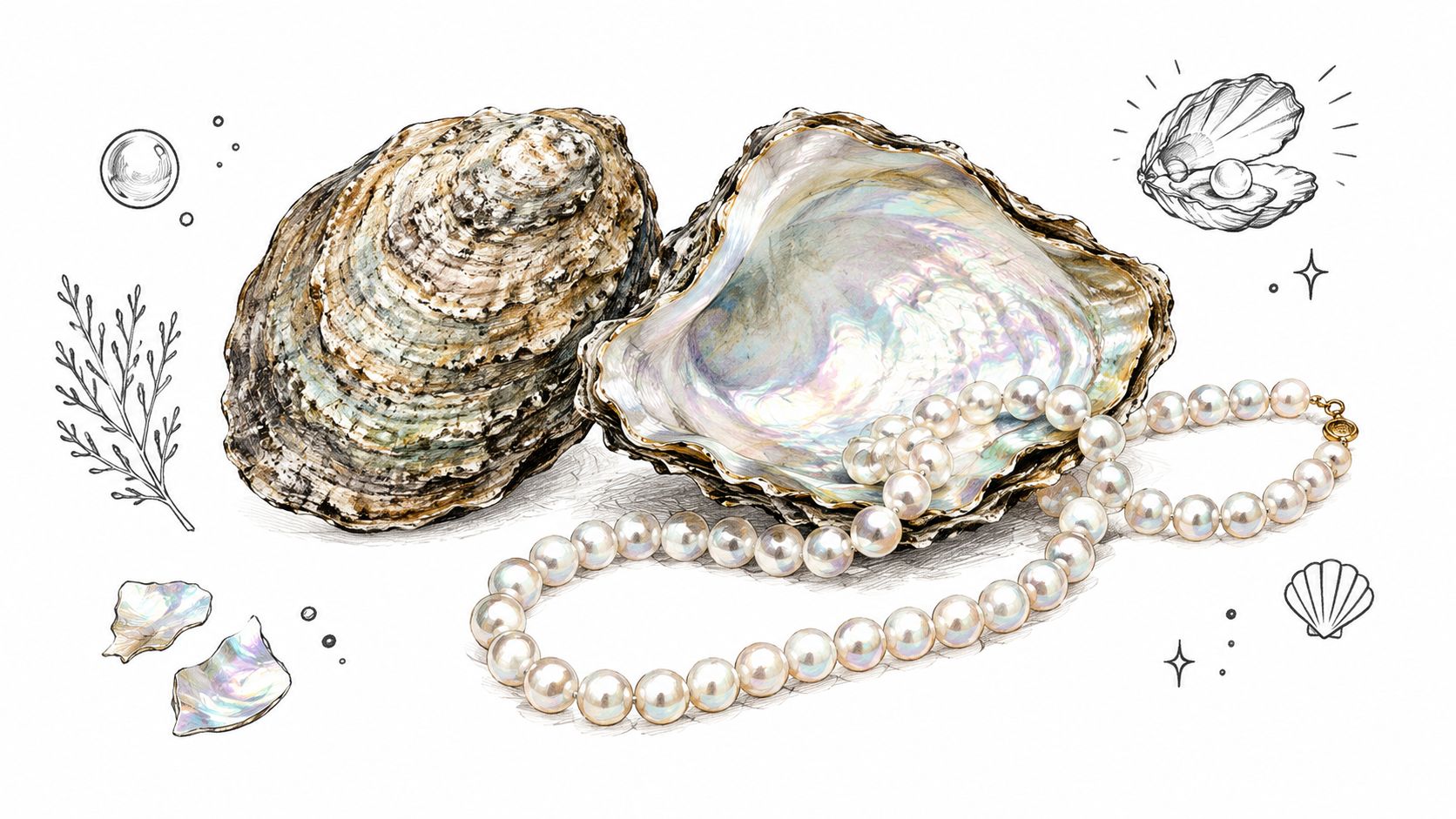 A beautiful illustration featuring an oyster shell, iridescent mother-of-pearl fragments, and an elegant pearl necklace strand.