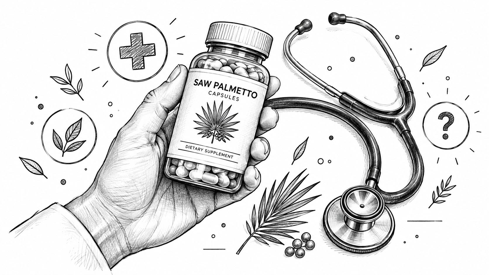A hand holding a bottle of saw palmetto capsules next to a medical stethoscope on white background.