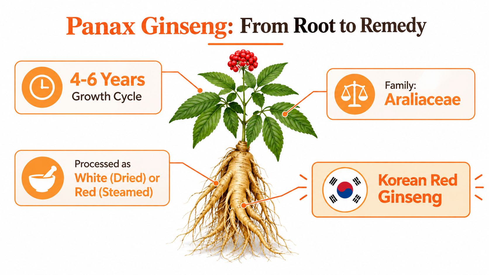 An infographic showing the plant characteristics, growth cycle, processing methods, and origin of Panax Ginseng.