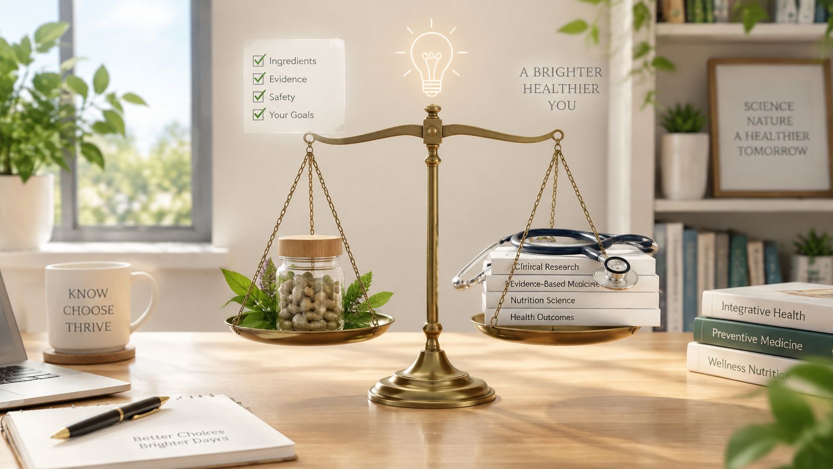 A balanced scale comparing natural supplement ingredients with medical research books and a stethoscope on a desk.