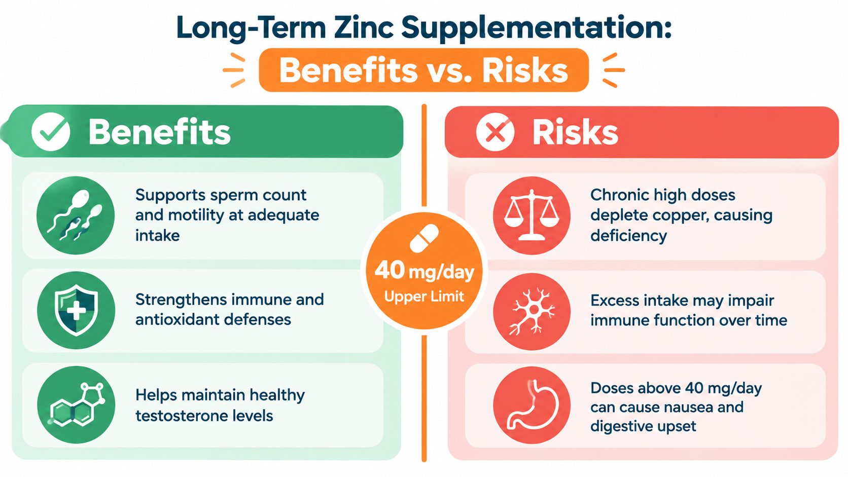 An infographic showing the benefits and potential health risks of long-term zinc supplementation for adults.