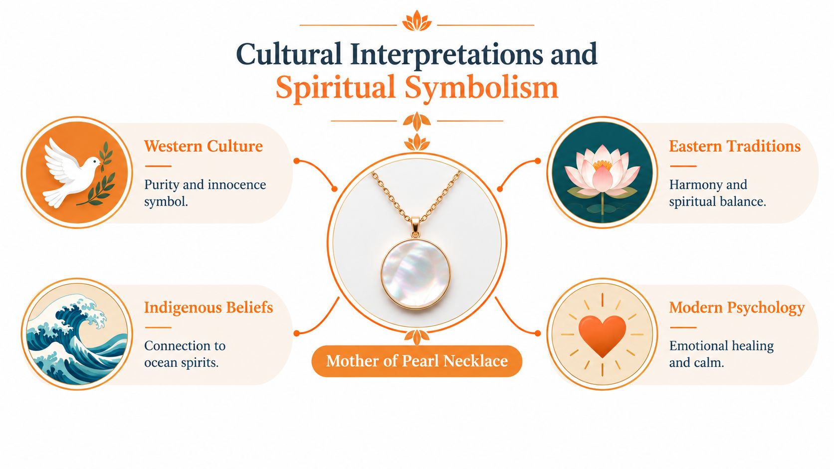 An infographic displaying the cultural and spiritual symbolic meanings of a Mother of Pearl necklace.