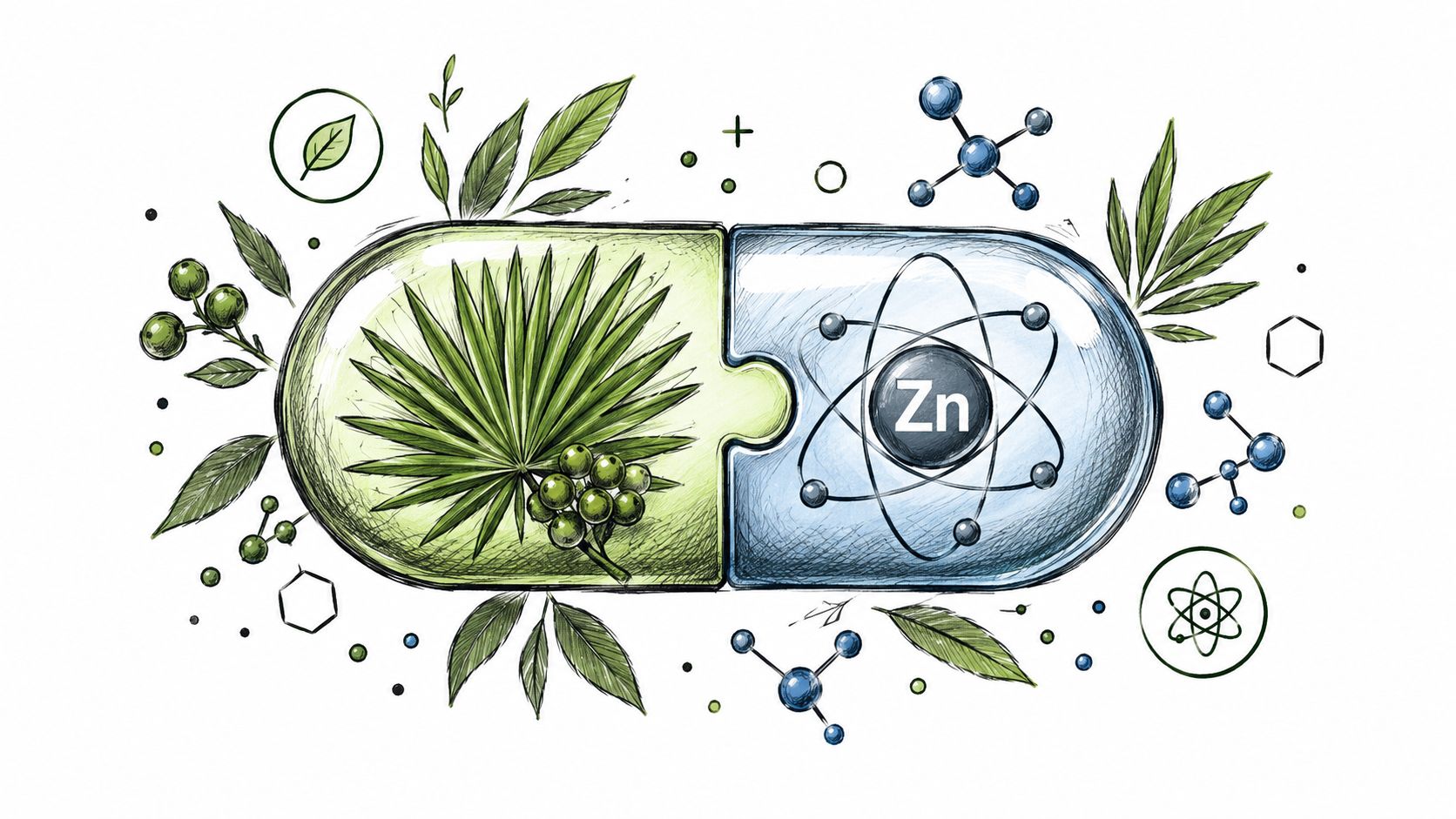 A conceptual illustration of a capsule pill containing a saw palmetto plant and a zinc atom symbol.