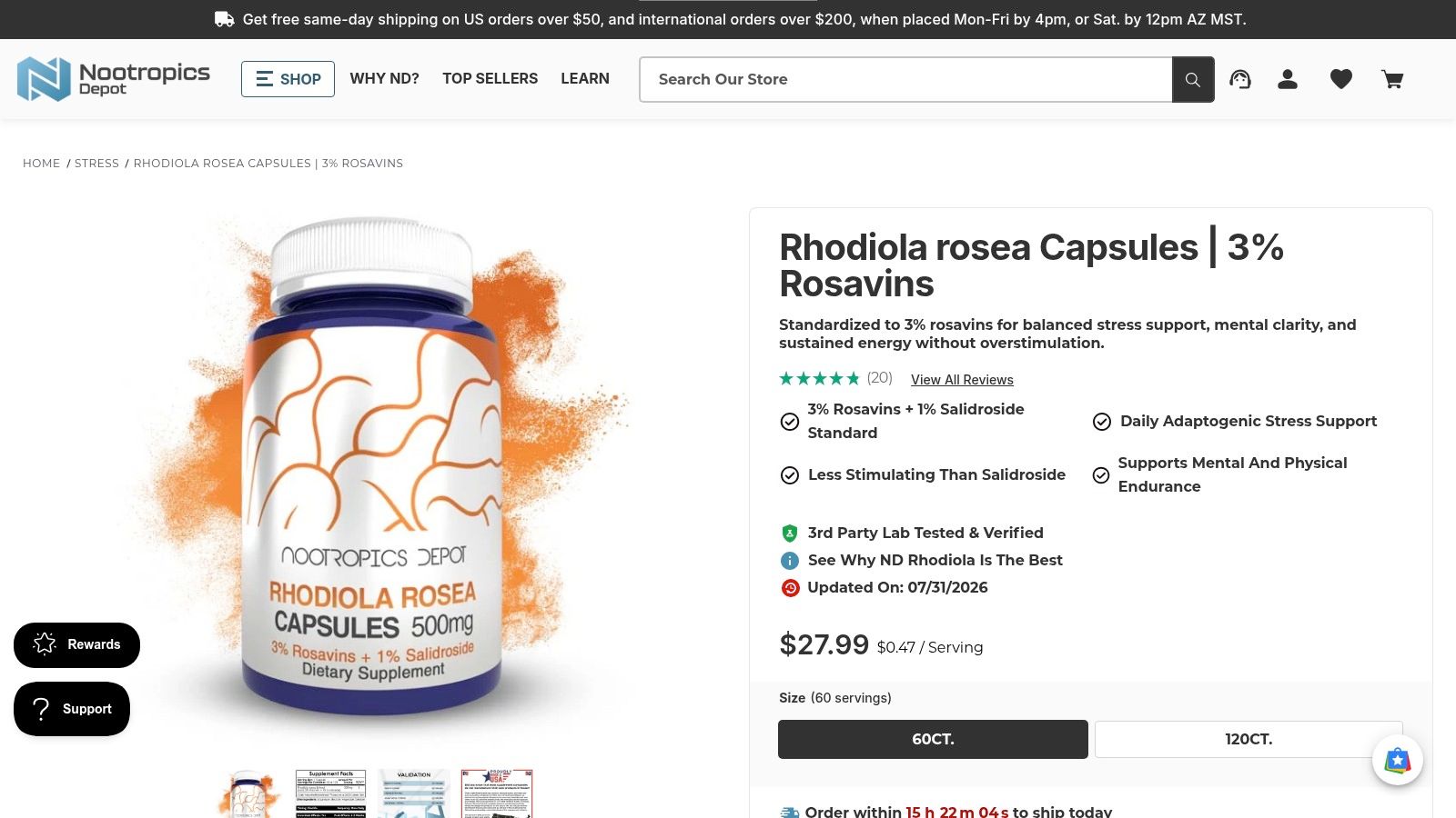 Nootropics Depot Rhodiola rosea Capsules