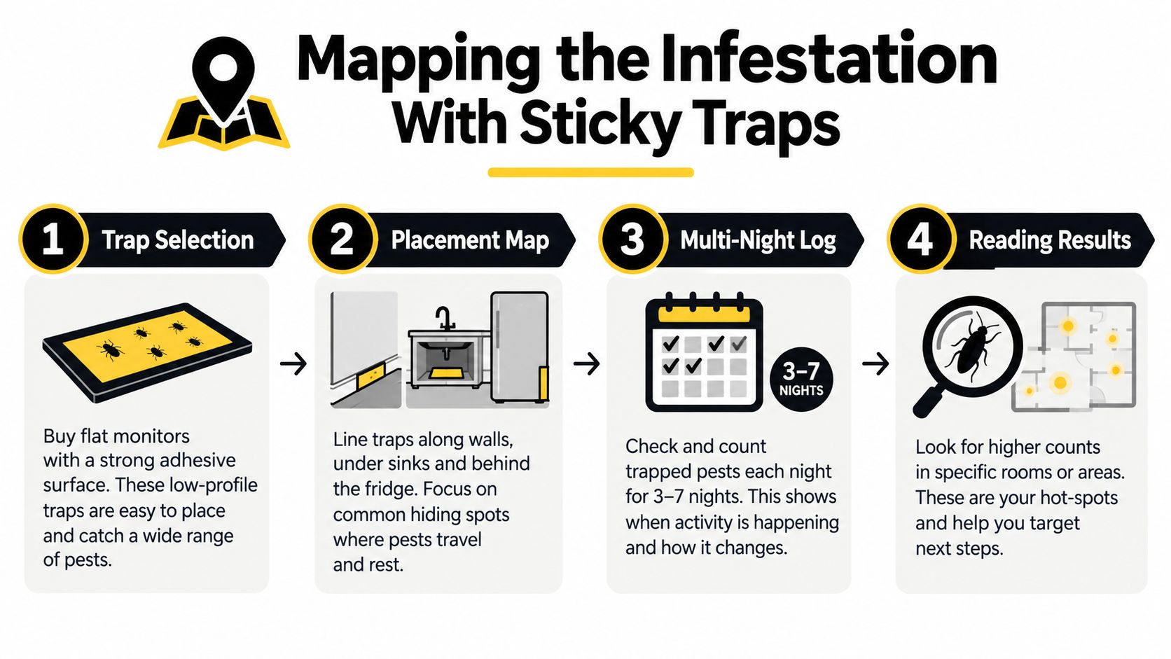A four-step infographic showing how to map and track a pest infestation using sticky traps.