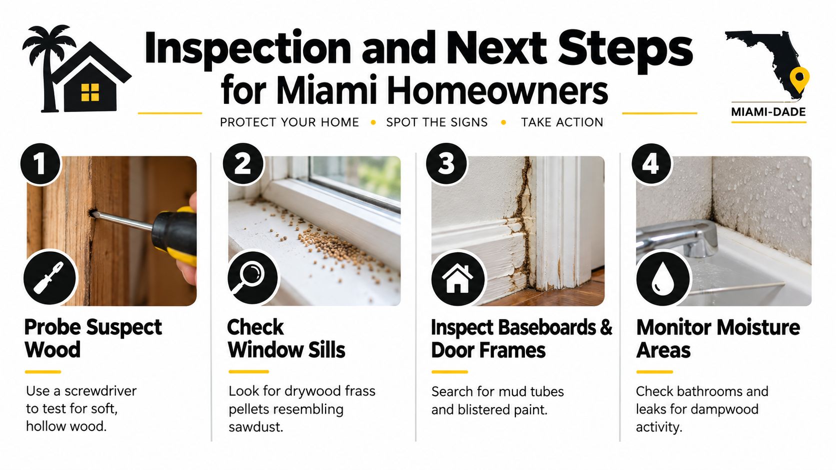 An infographic titled Inspection and Next Steps for Miami Homeowners illustrating four steps to identify termite damage.