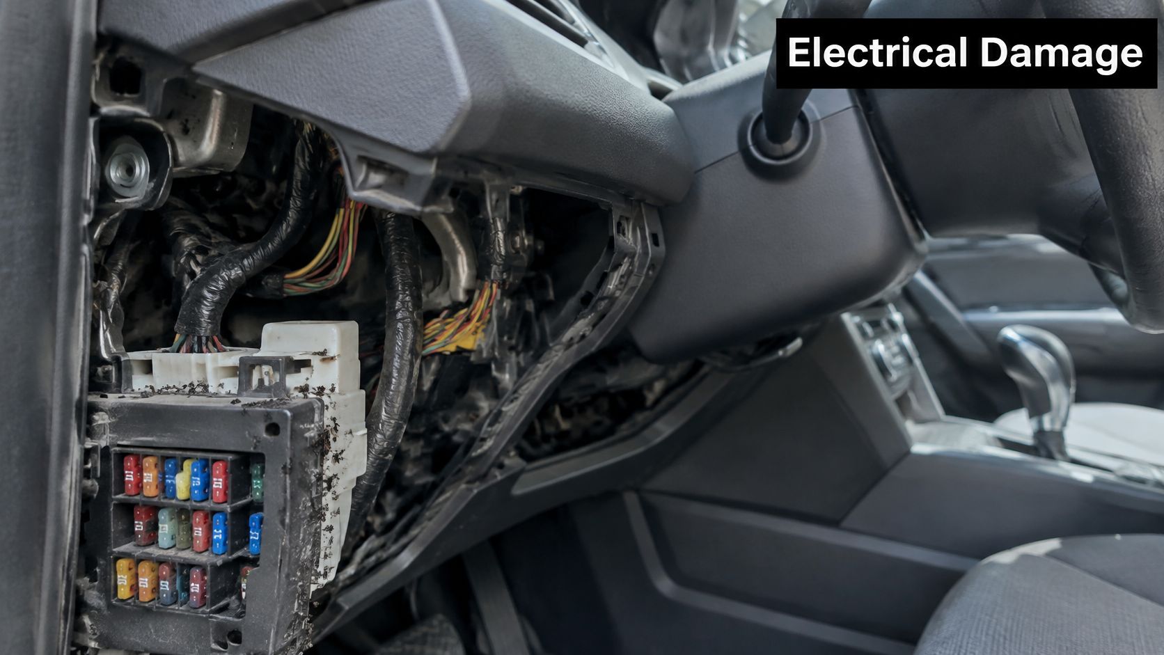 A car dashboard opened to reveal an exposed fuse box infested with crawling black ants.